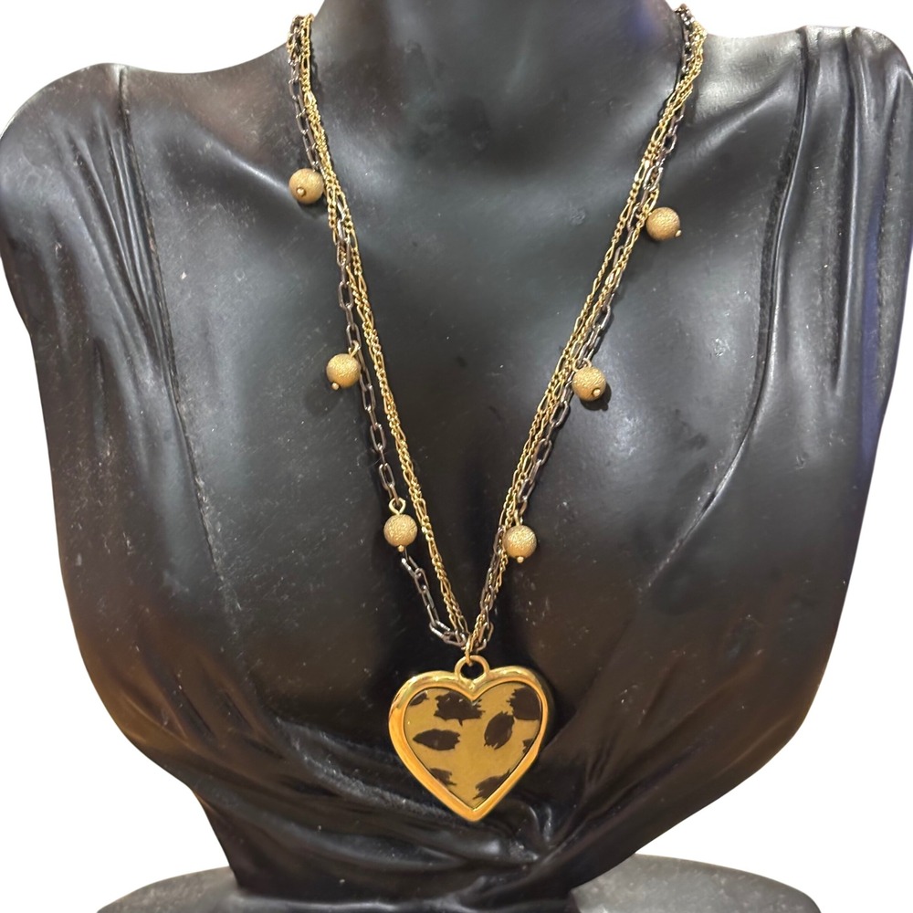 Betsey Johnson Heart Leopard Print Multi Strand Layered Necklace Gold Gunmetal